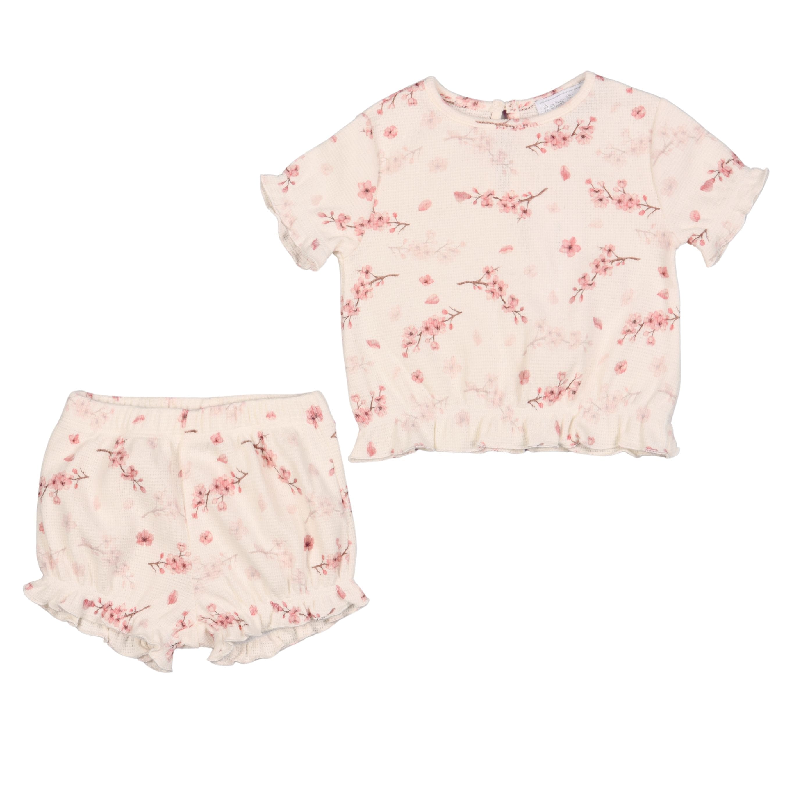 Stella  | Girls Pink Blossom Print Waffle Cotton Shorts Set