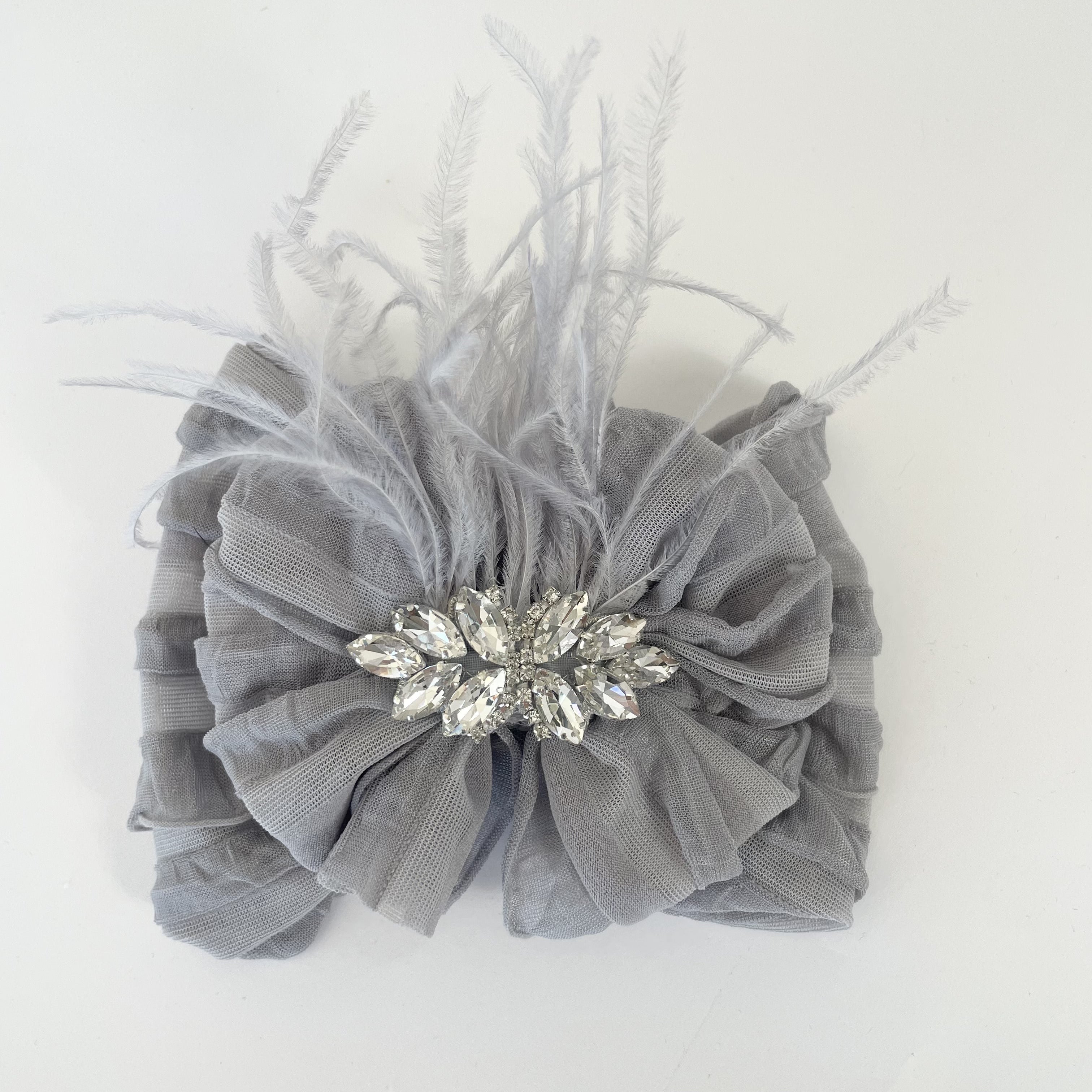 Fancy Feather & Rhinestone Ruffled Baby Headband
