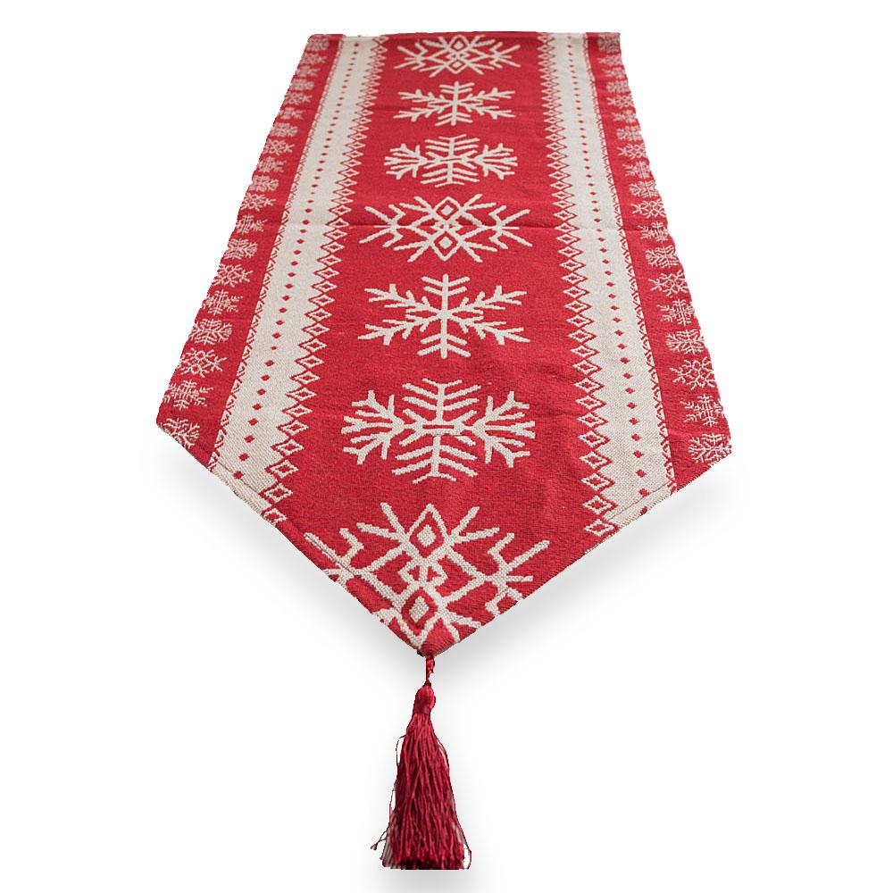 Snowflakes On Red Pattern Christmas Tablecloth Holiday Runner 76.5 Inches