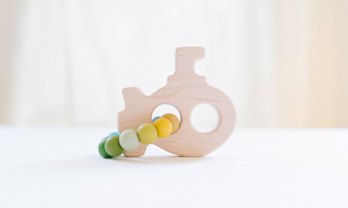 Submarine Wooden Grasping Toy With Teething Beads