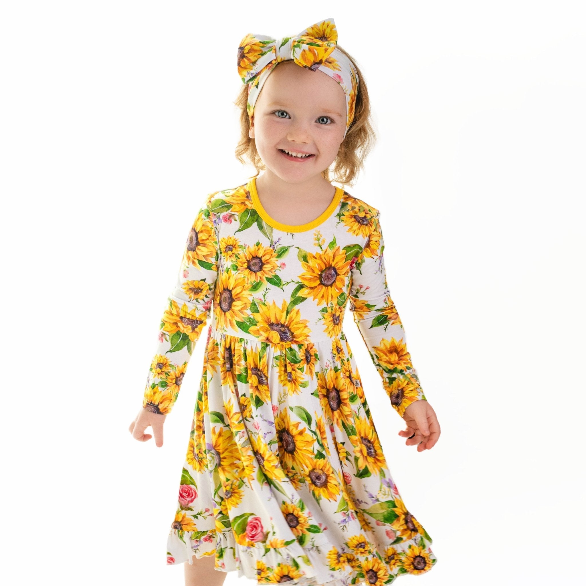 Suns And Roses (sunflower) Long Sleeve Big Kid Twirl Dress