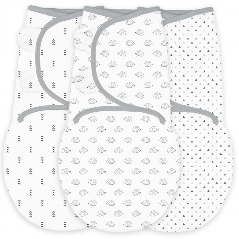 3 Swaddle Wraps - Tiny Arrows, Tiny Hedgehogs, Tiny Triangles, Grays With Touch Of Silver Shimmer