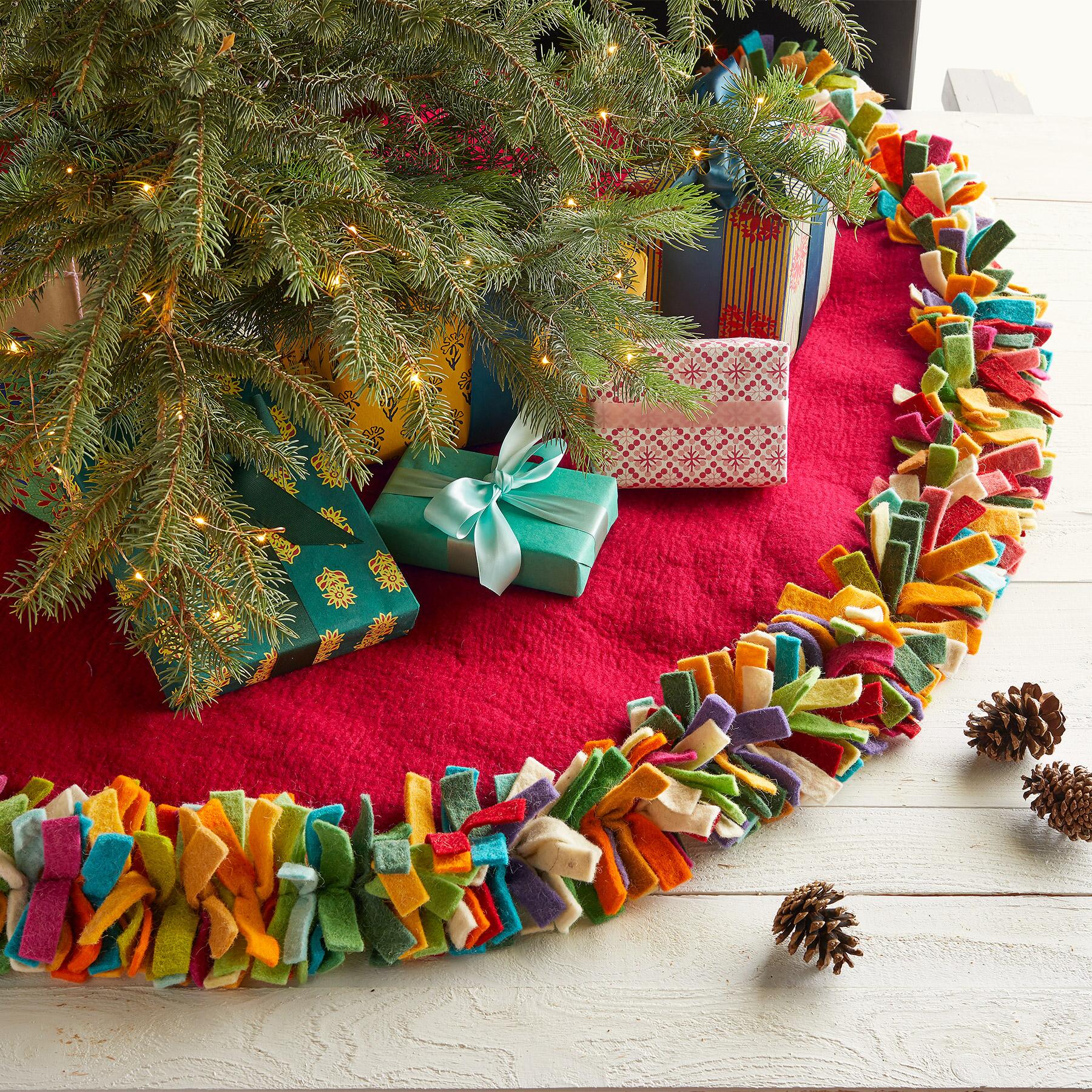 Hand Felted Wool Christmas Tree Skirt - Multicolor Fringe Border On Red - 64"