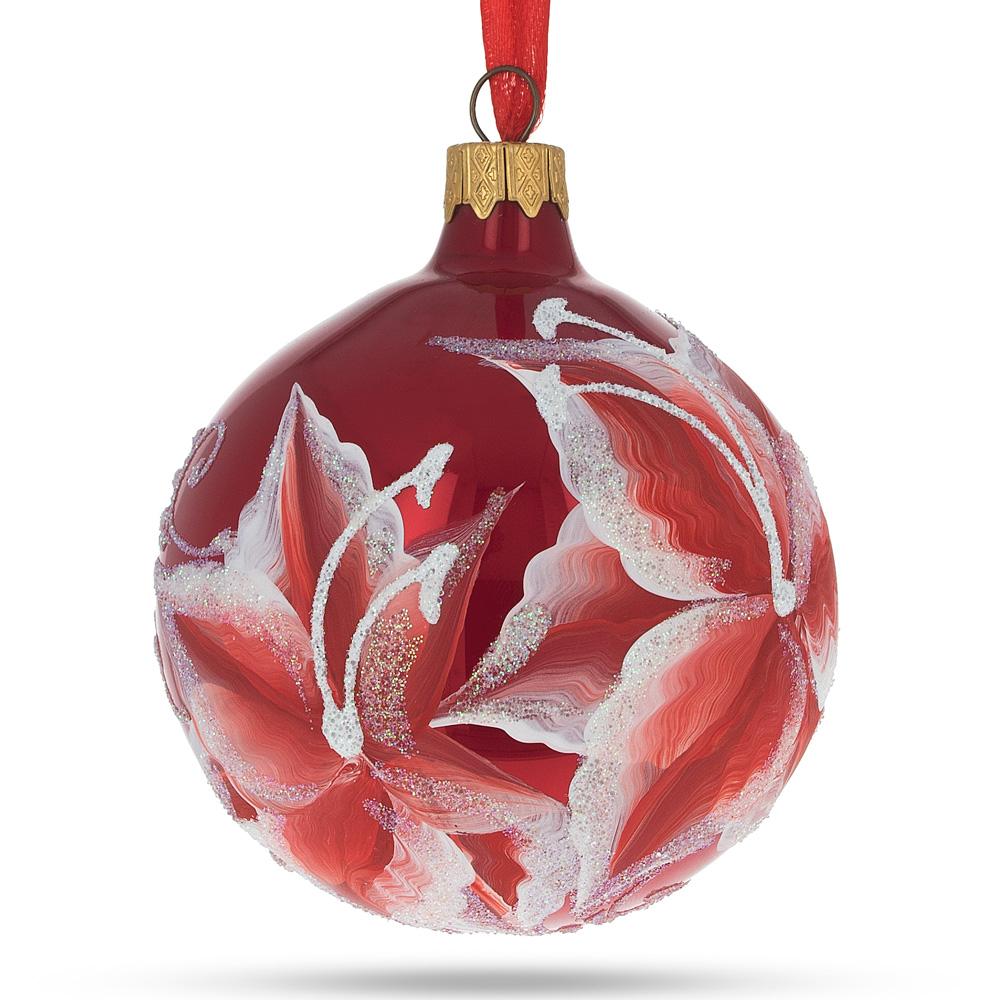 Elegant Red Lilies Blown Glass Ball Christmas Ornament 3.25 Inches