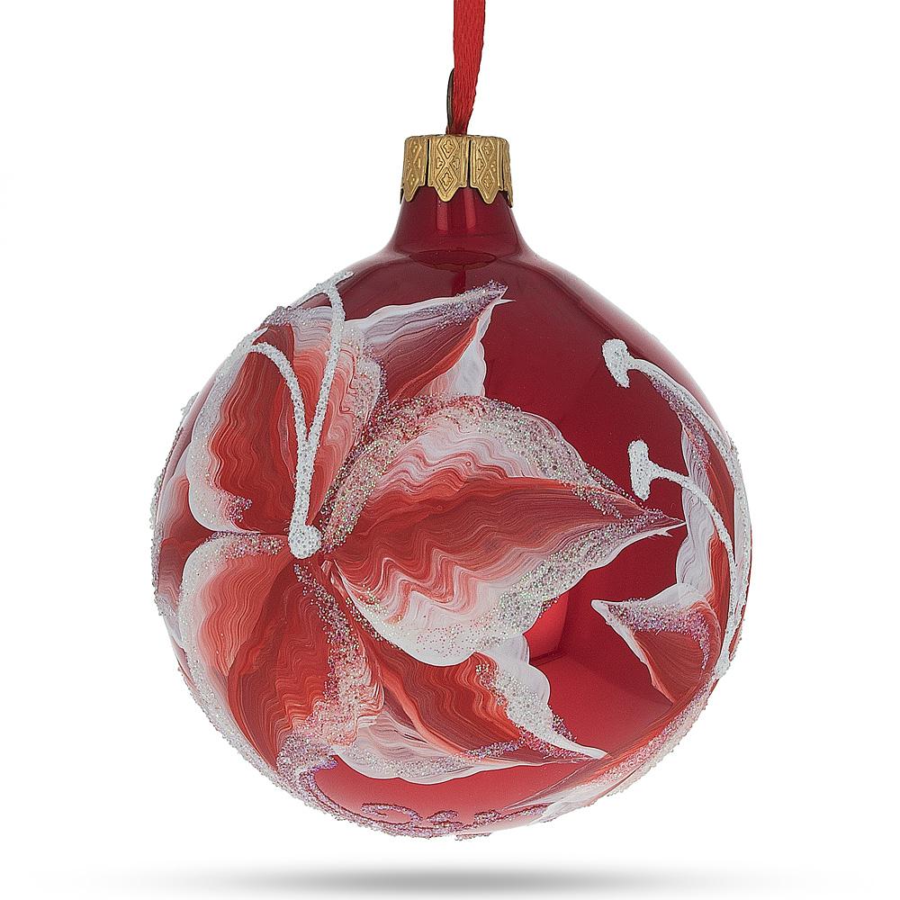 Elegant Red Lilies Blown Glass Ball Christmas Ornament 3.25 Inches