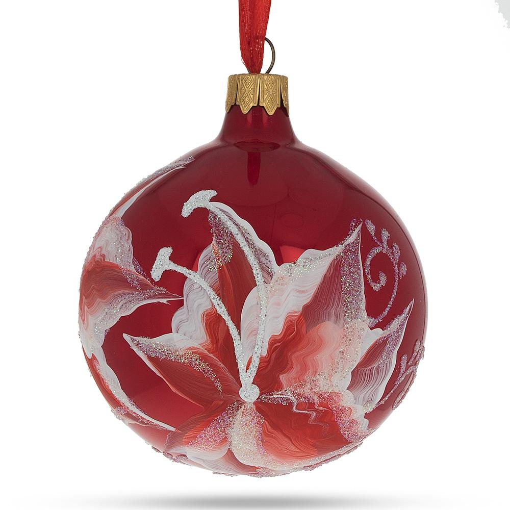 Elegant Red Lilies Blown Glass Ball Christmas Ornament 3.25 Inches