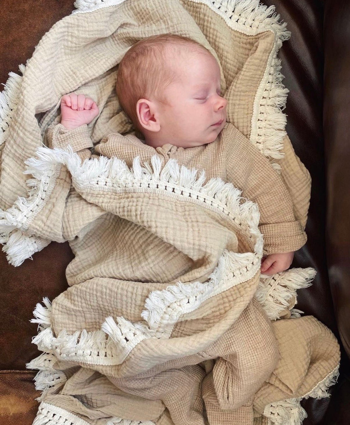 Fringe Swaddle Blanket - Tan