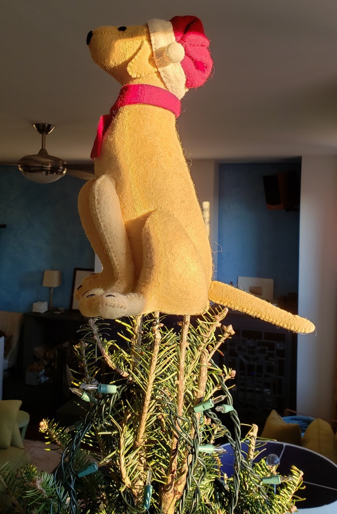 Tan Yellow Lab Santa Hat Christmas Tree Topper Hand Felted Wool