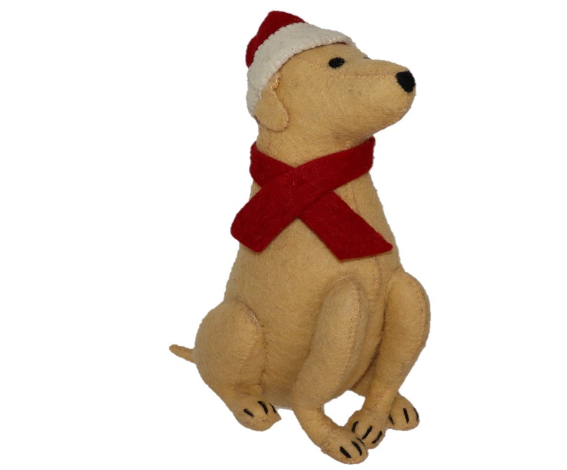 Tan Yellow Lab Santa Hat Christmas Tree Topper Hand Felted Wool