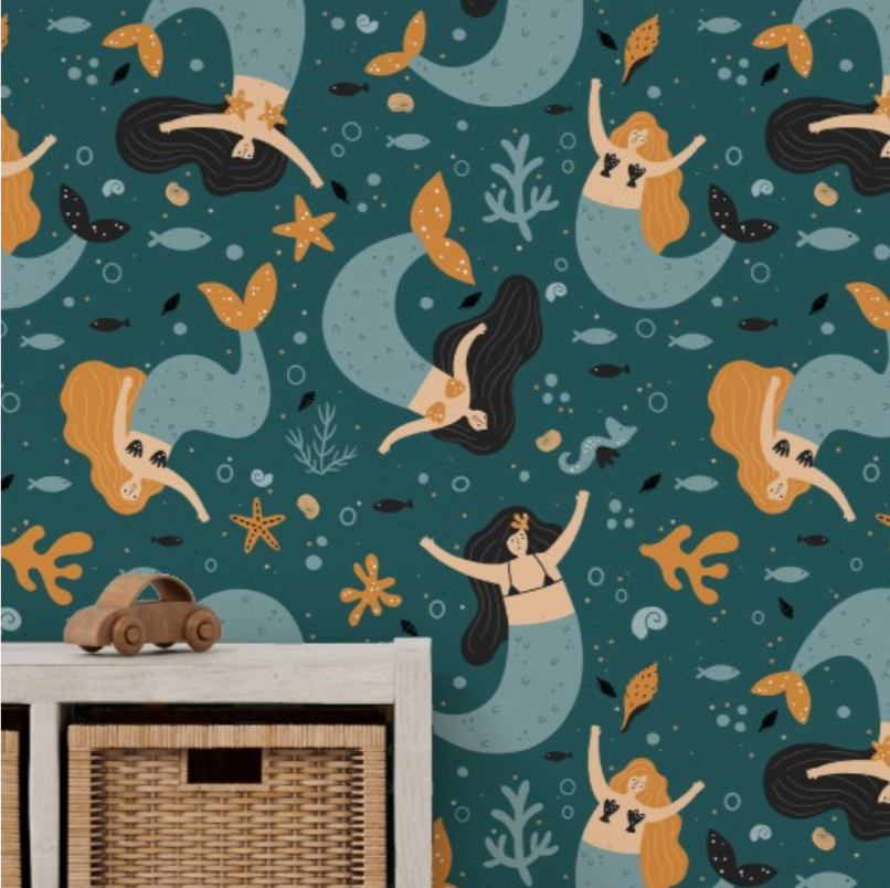 Mermaids And Ocean Foliage - Nursery Wall Decor Wallpapers