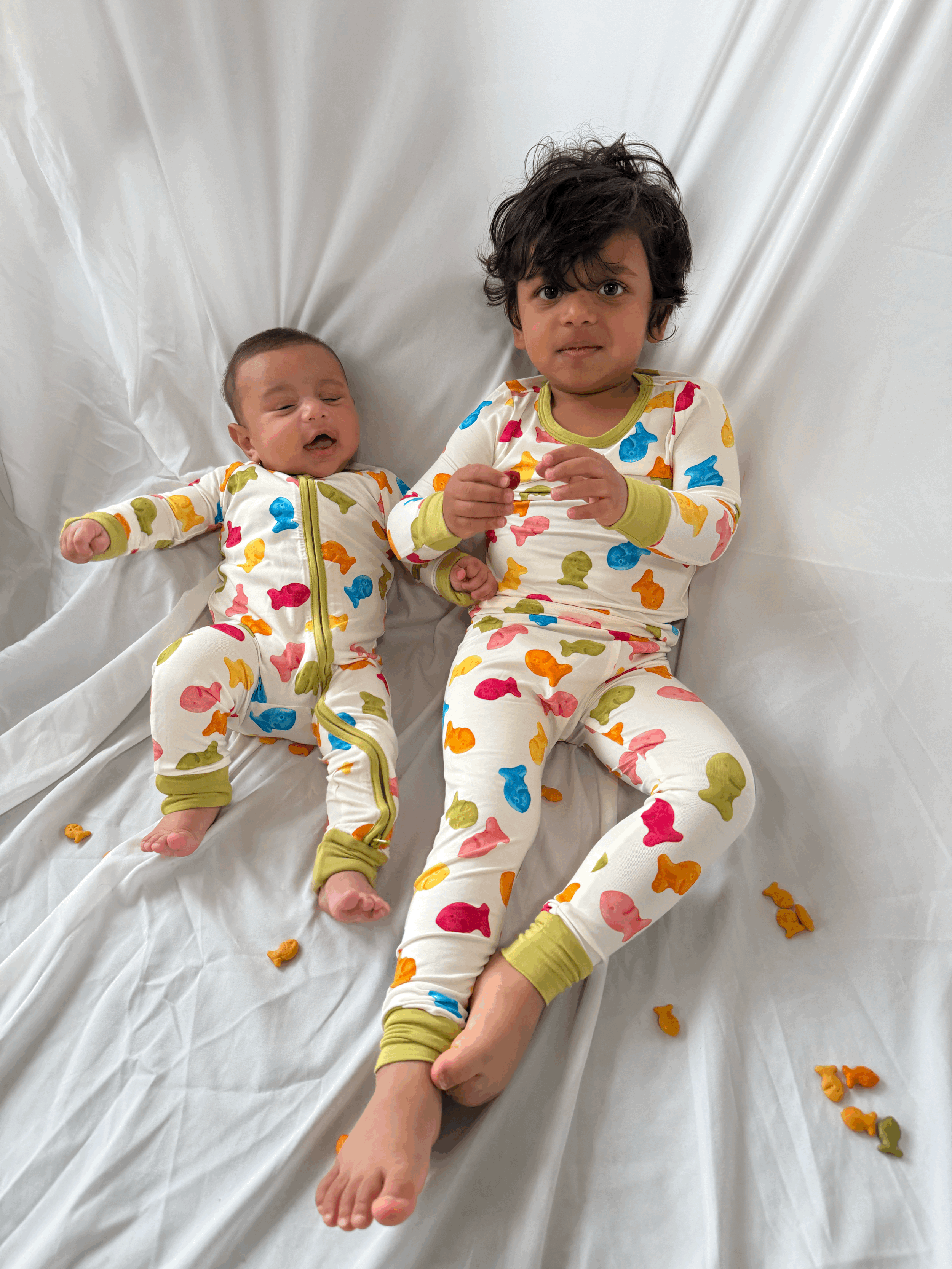 My First Snack Bamboo Pajamas – Green & Pink Lining Toddler Pjs |