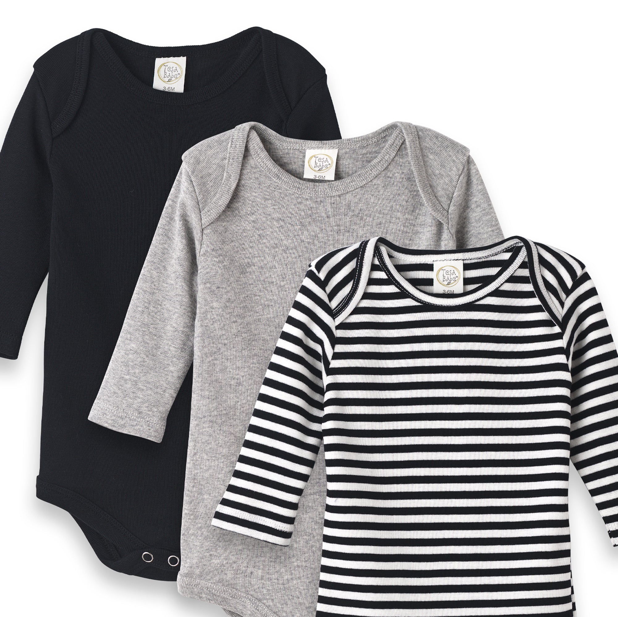 Set Of 3 Black Stripe & Grey Bodysuits