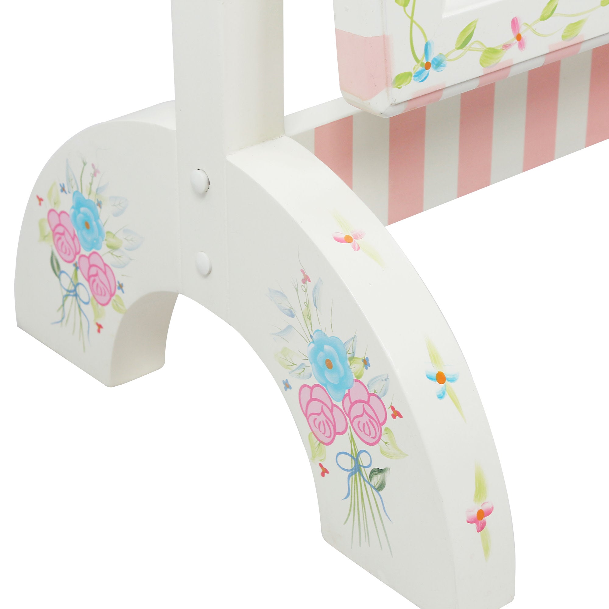 Fantasy Fields Toy Furniture Hand-carved Adjustable Bouquet Standing Mirror With Painted Flower Details, Pink Stripes, & Kid-safe Glass, White