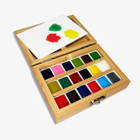 Watercolor Set – Bamboo Box – 18 Pans – Eco-friendly