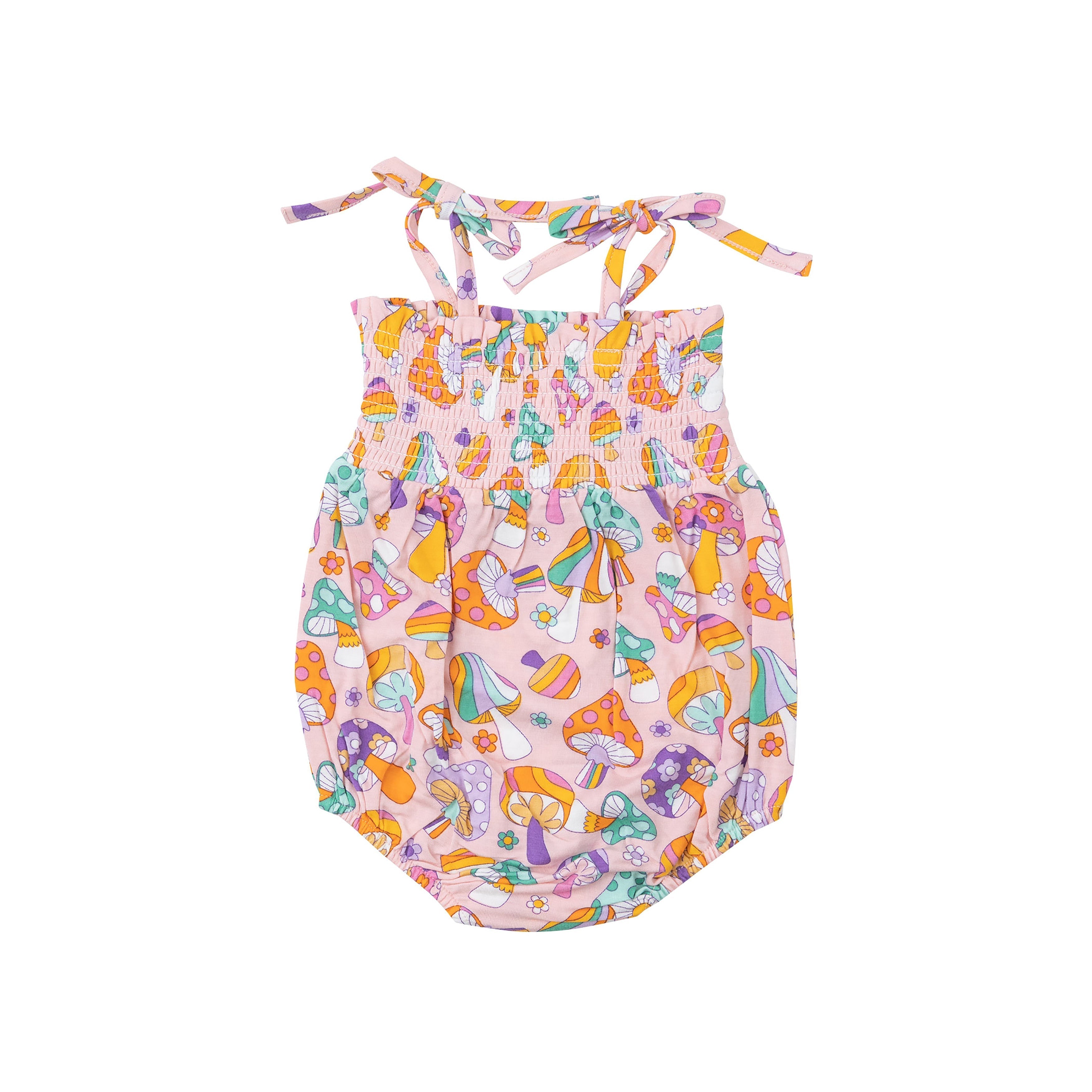 Tie Strap Smocked Bubble - Flower Power Mushrooms