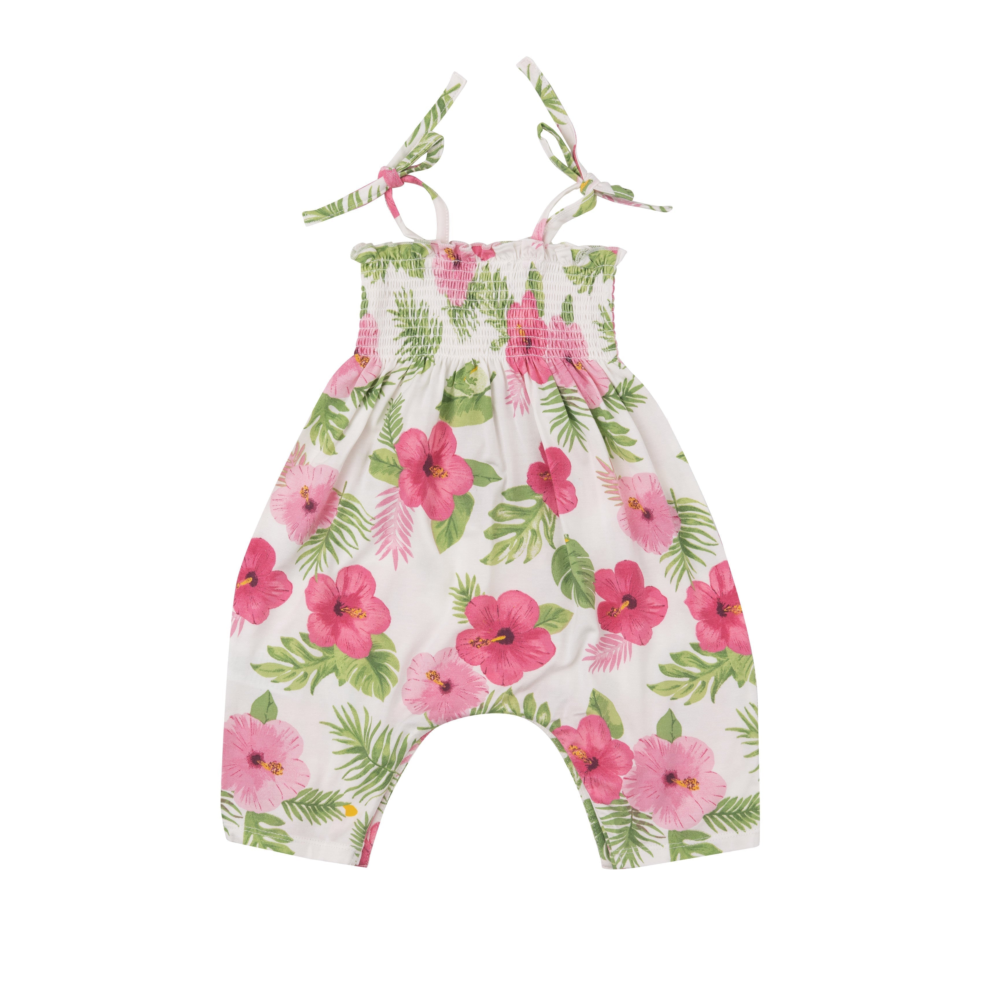 Tie Strap Smocked Romper - Hibiscus