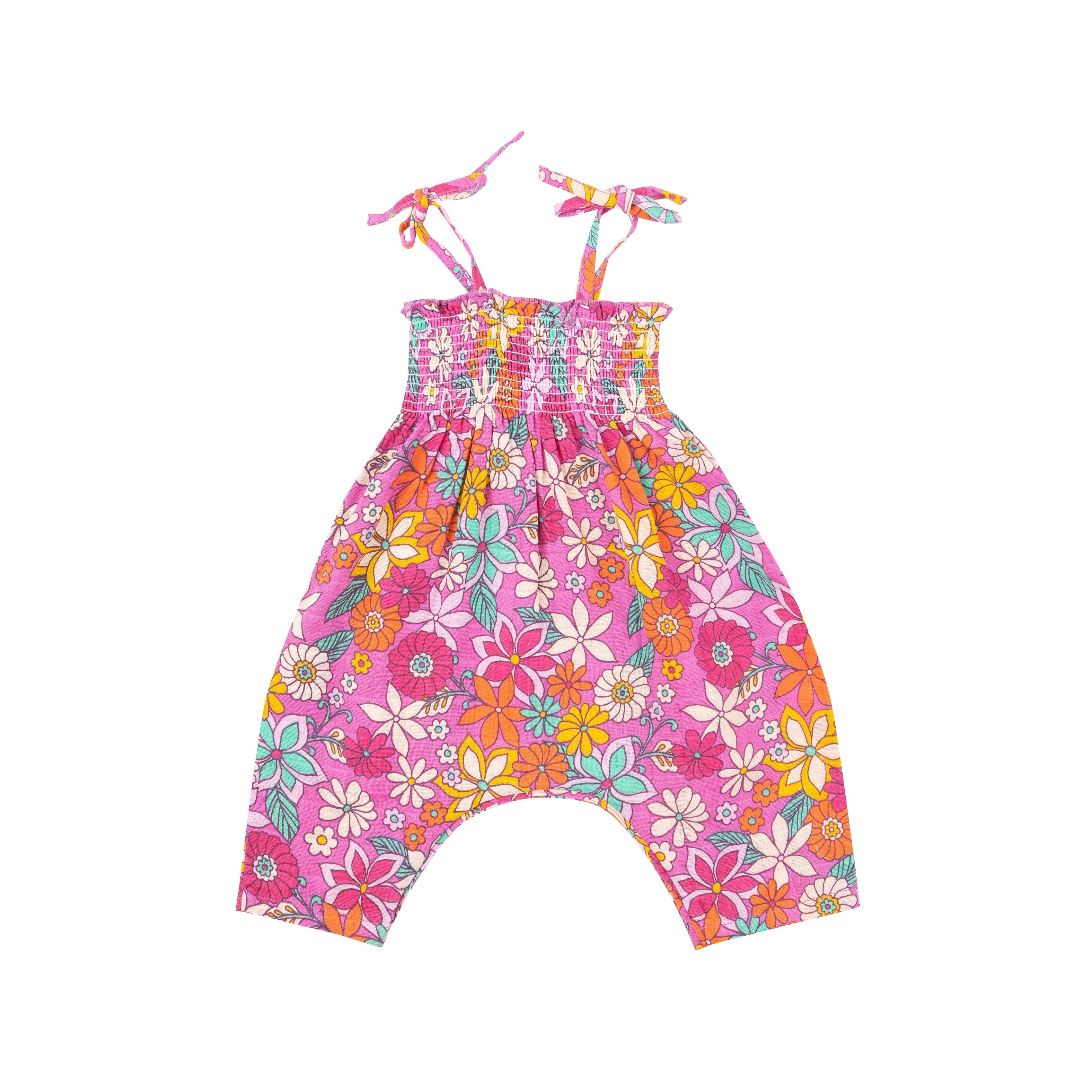 Tie Strap Smocked Romper - Tropical Retro Floral