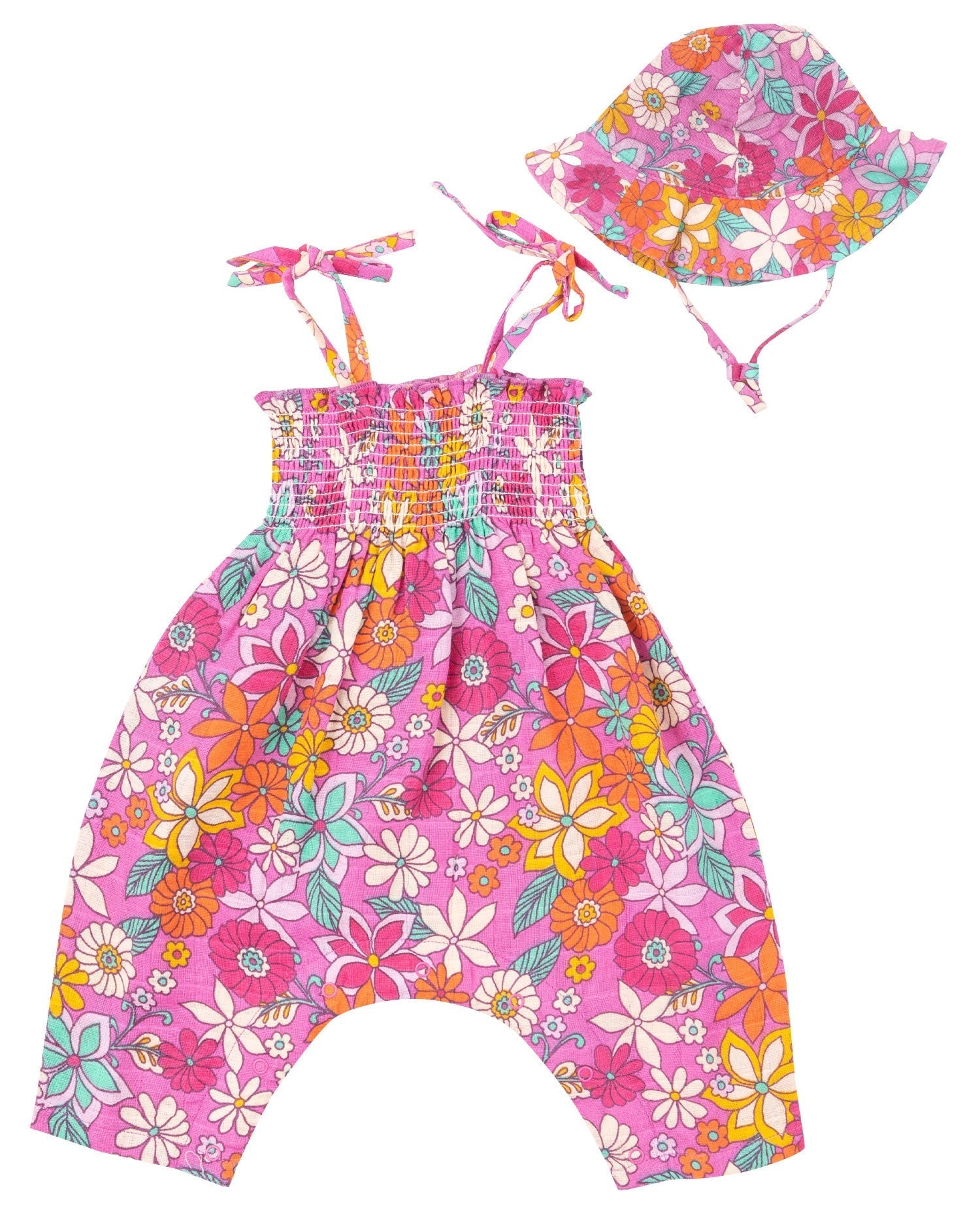 Tie Strap Smocked Romper - Tropical Retro Floral