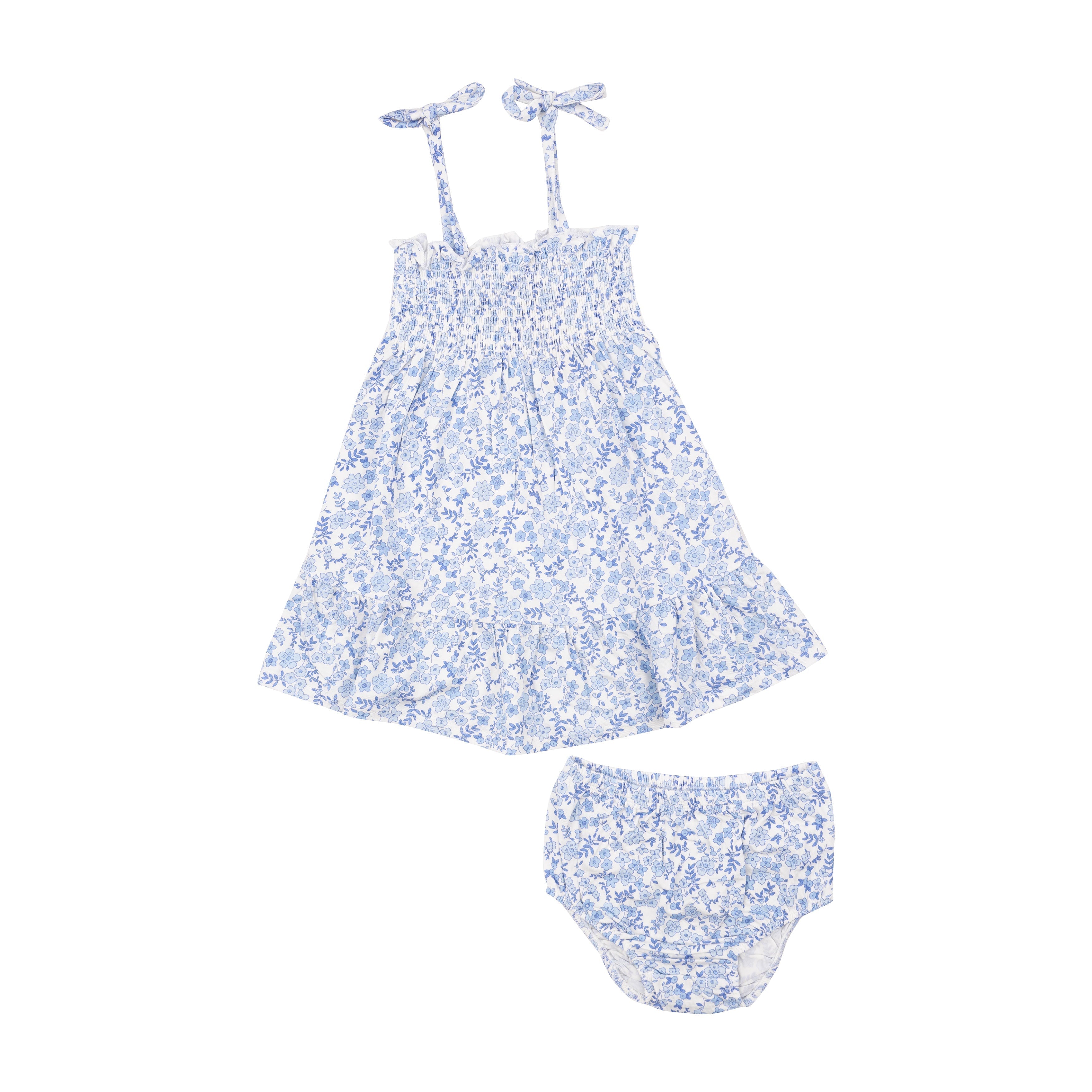 Tie Strap Smocked Sun Dress Diaper Cover - Blue Calico Floral