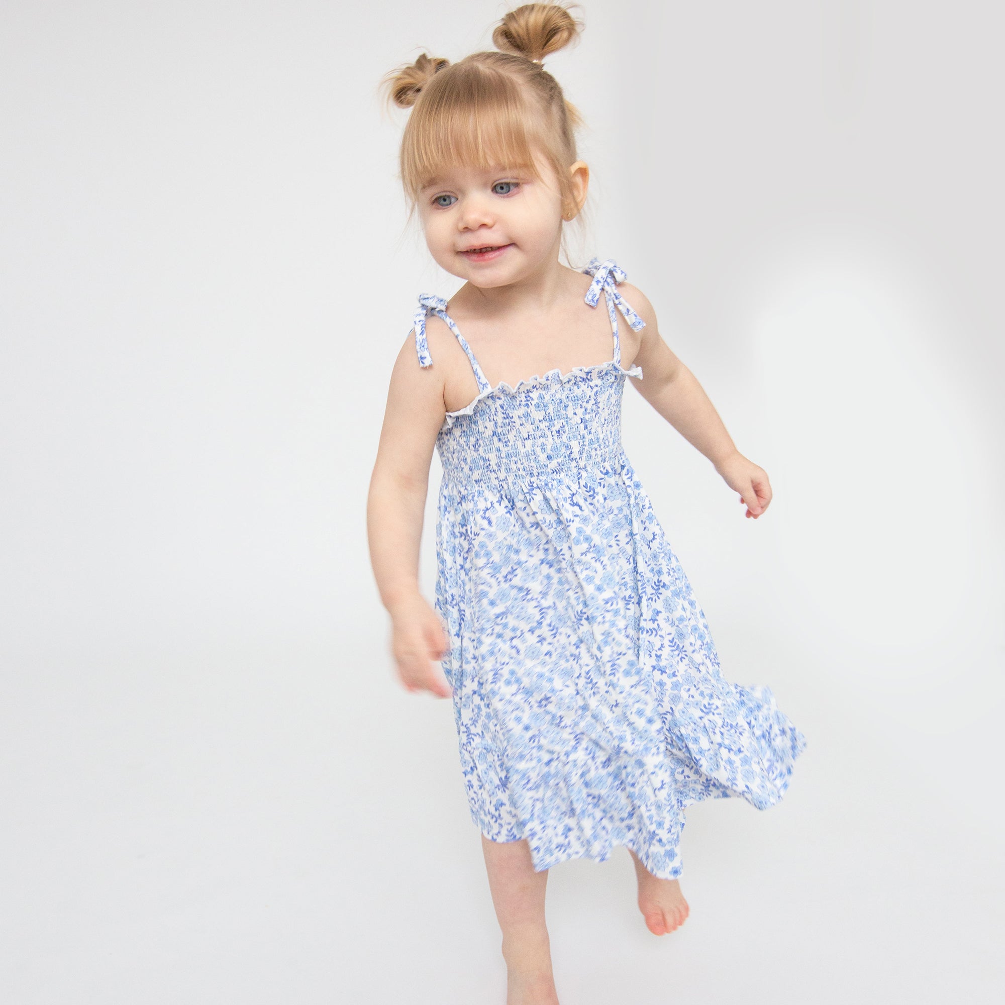 Tie Strap Smocked Sun Dress Diaper Cover - Blue Calico Floral