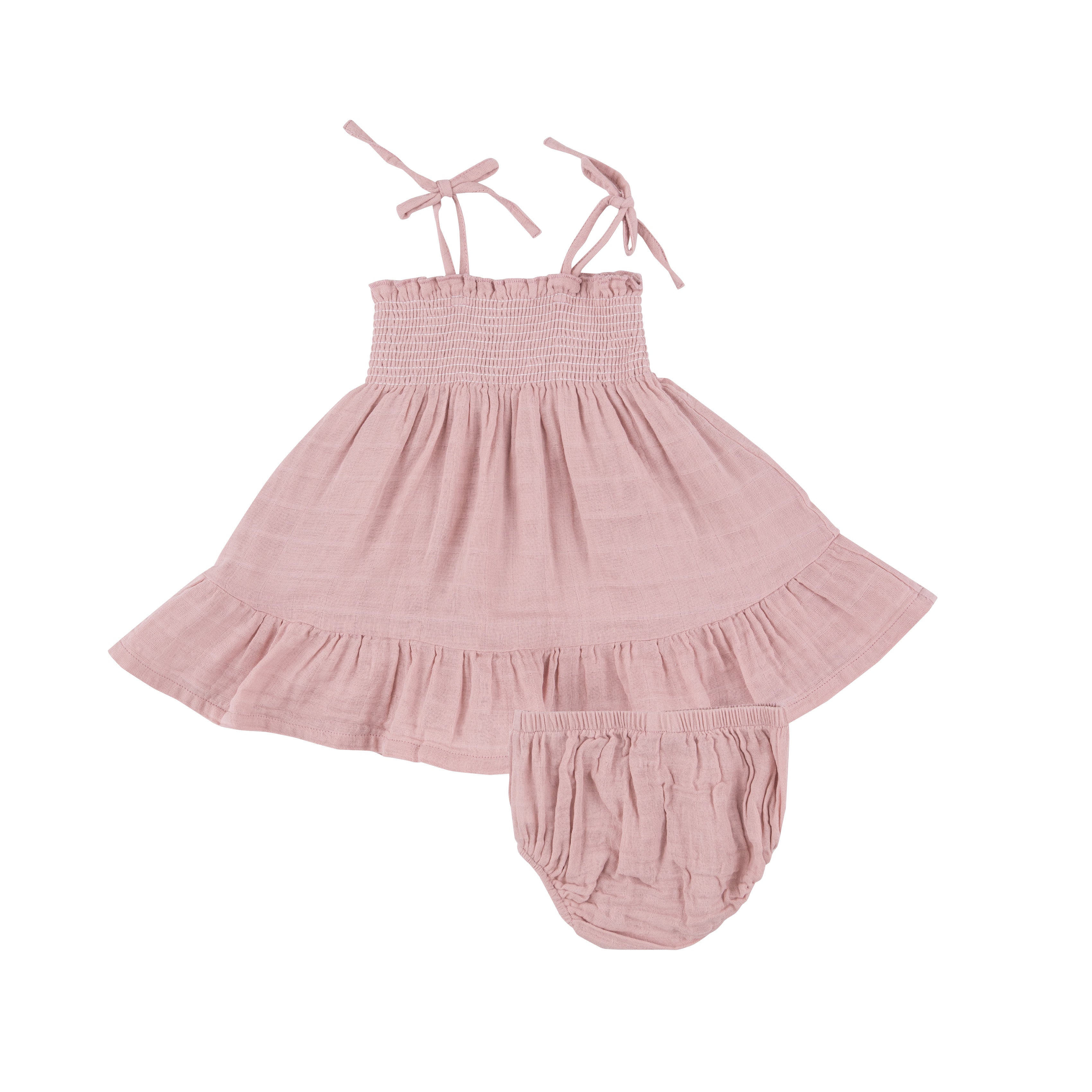 Tie Strap Smocked Sun Dress Diaper Cover - Dusty Pink Solid Muslin