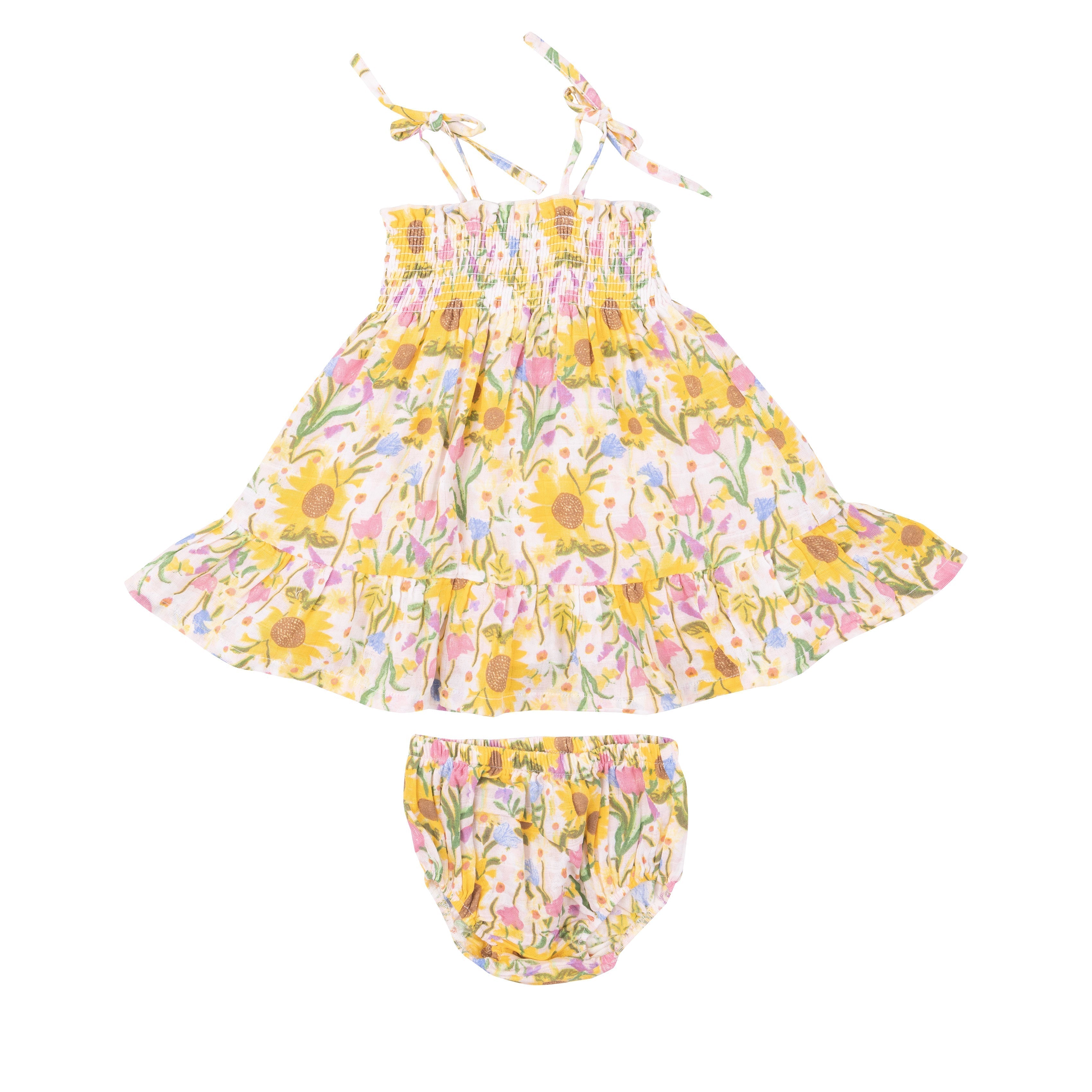 Tie Strap Smocked Sun Dress Diaper Cover - Sunflower Dream Floral