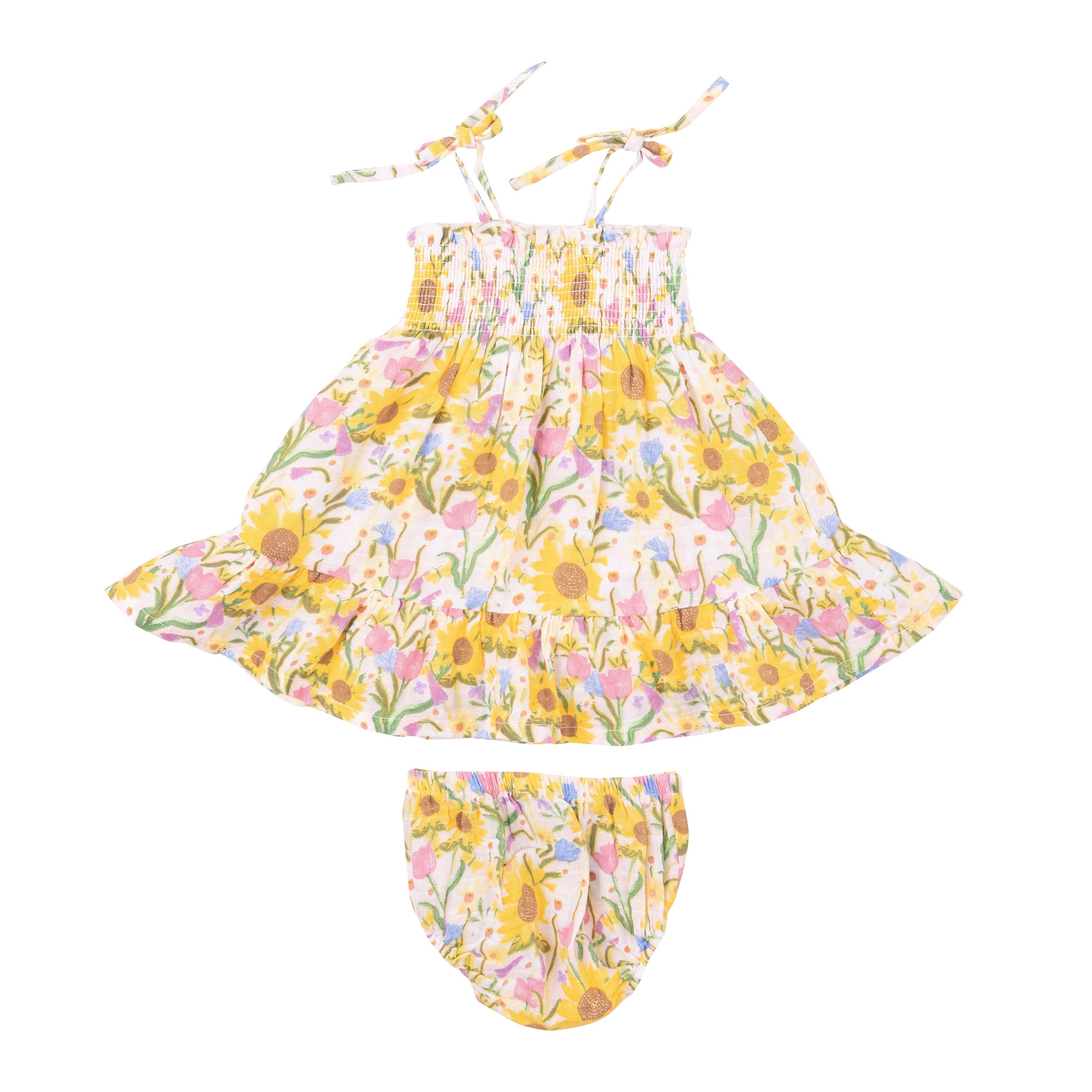 Tie Strap Smocked Sun Dress Diaper Cover - Sunflower Dream Floral