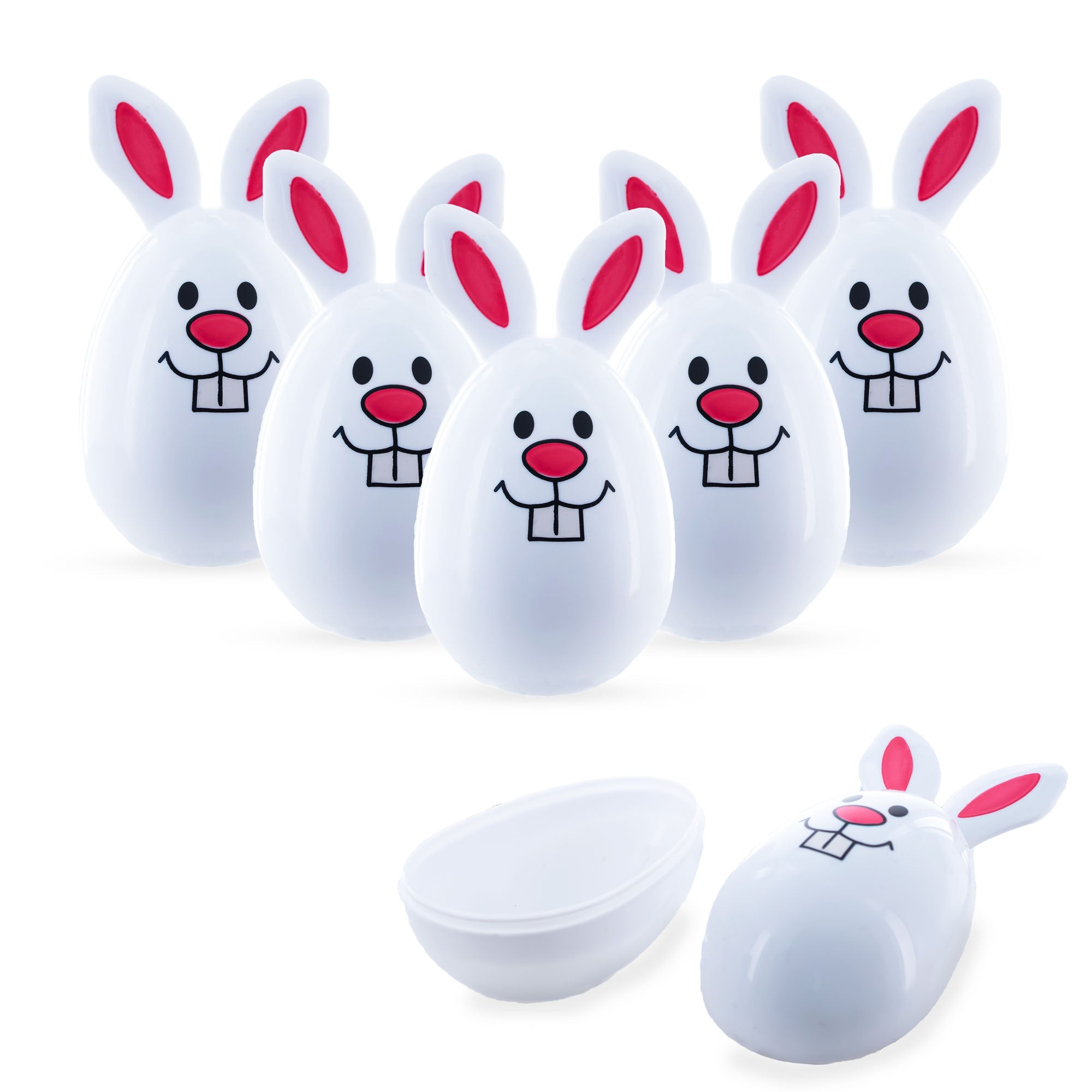 Whimsical Easter Delight: Set Of 6 White Smiling Bunny Plastic Easter Eggs