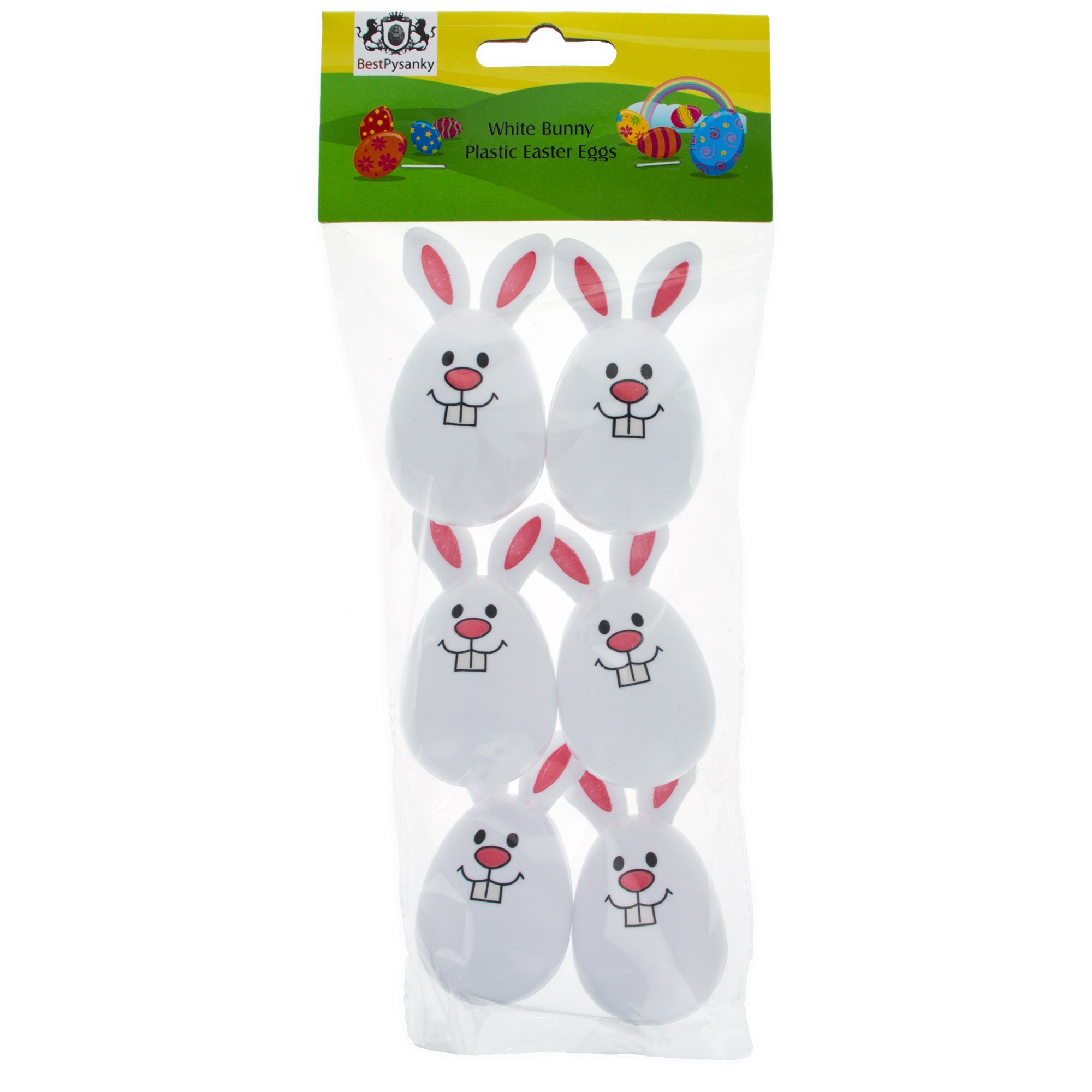 Whimsical Easter Delight: Set Of 6 White Smiling Bunny Plastic Easter Eggs