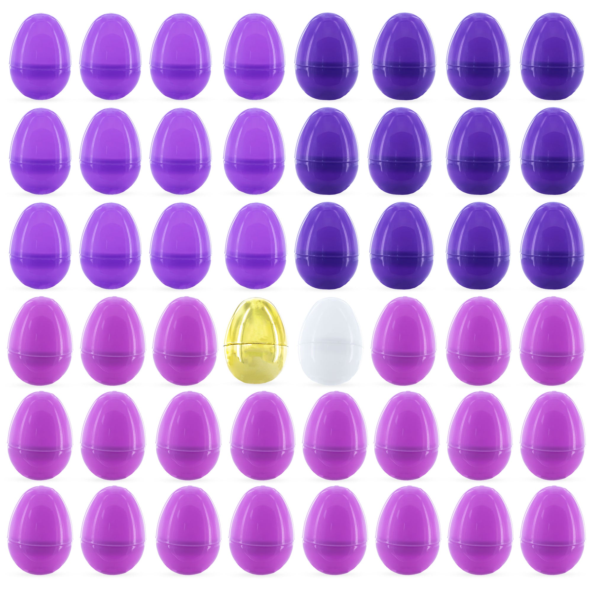 Set Of 46 Purple Plastic Eggs, 1 White Egg, And 1 Gleaming Golden Easter Egg