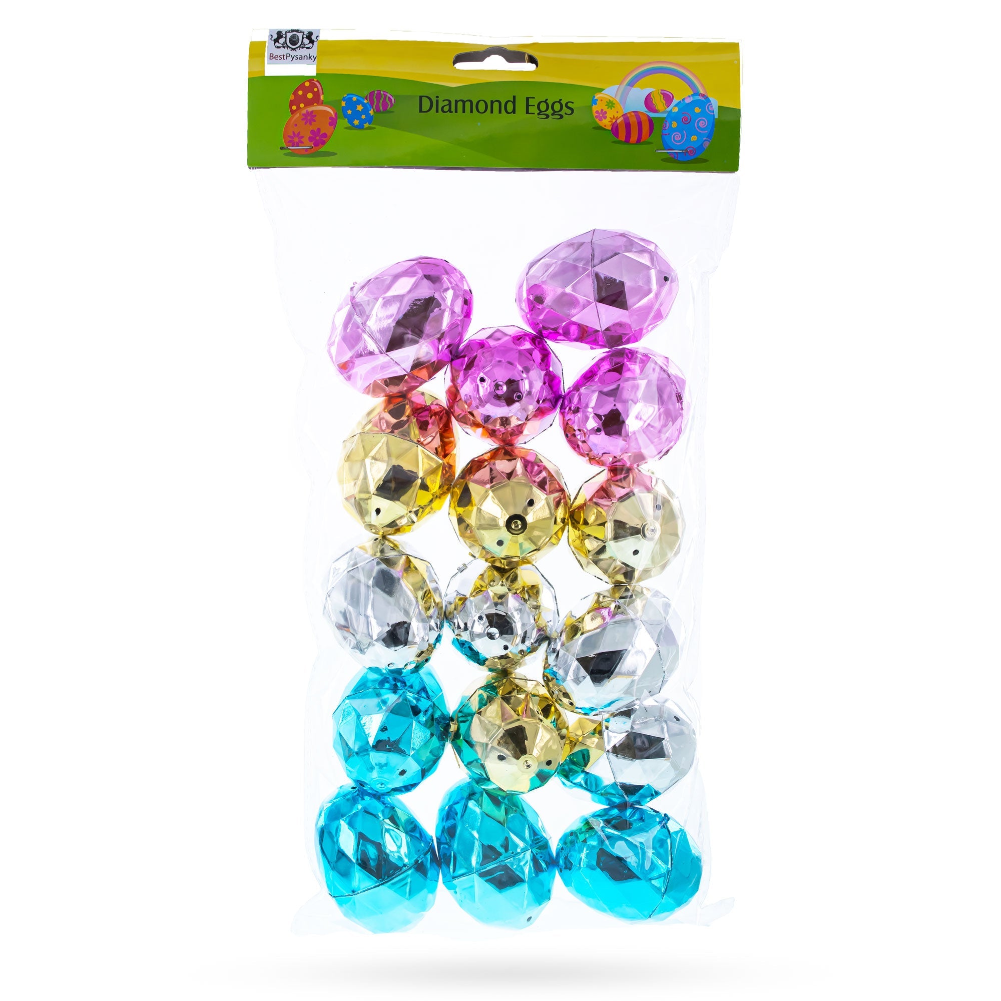 Dazzling Easter Gems: Set Of 16 Multicolored Diamond Plastic Easter Eggs, 2.45 Inches