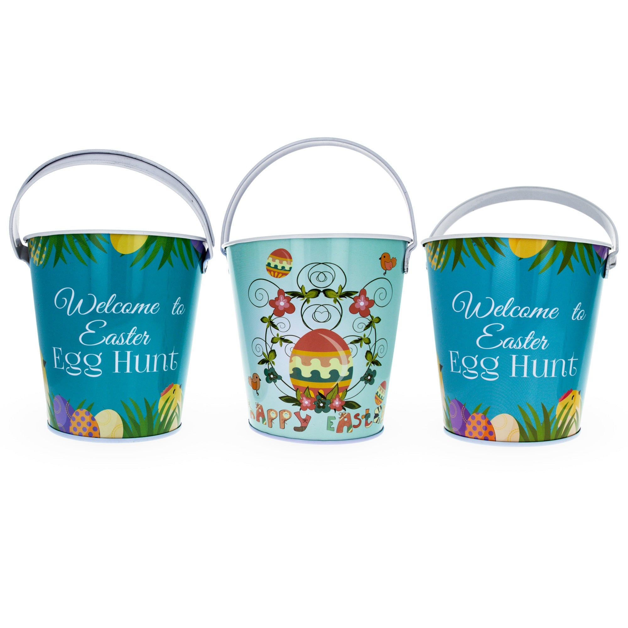 Easter Elegance: Set Of 3 Decorative Tin Metal Buckets, Each 6.7 Inches Tall