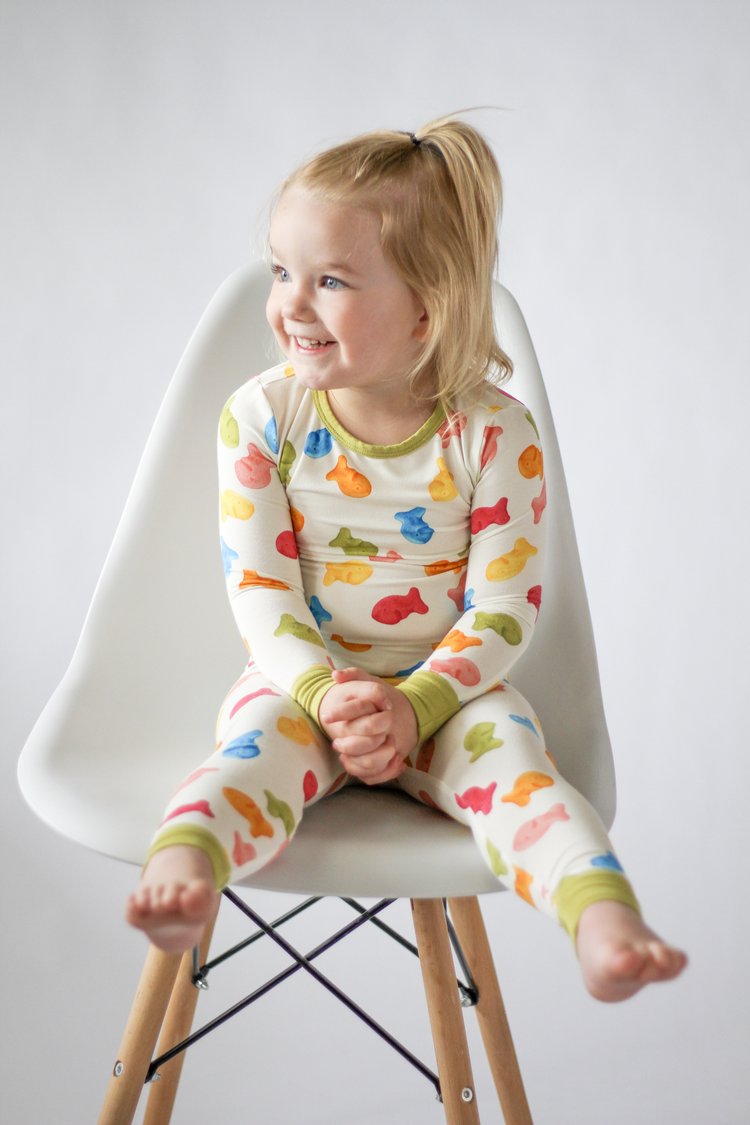 My First Snack Bamboo Pajamas – Green & Pink Lining Toddler Pjs |