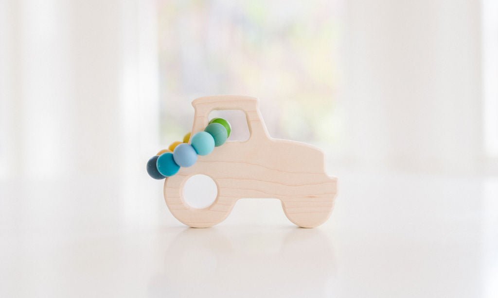 Tractor Wooden Grasping Toy With Teething Beads