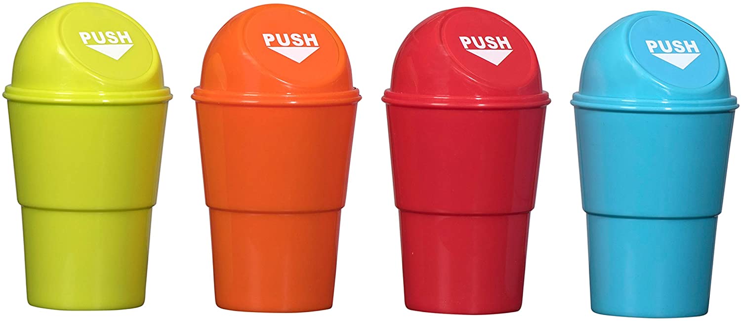 Mini Trash Cans 2 Red 2 Blue 2 Yellow & 2 Orange 3.75" X 6.5"