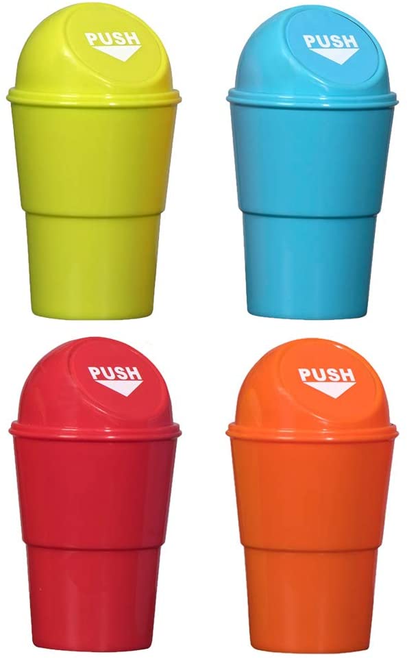 Mini Trash Cans 2 Red 2 Blue 2 Yellow & 2 Orange 3.75" X 6.5"