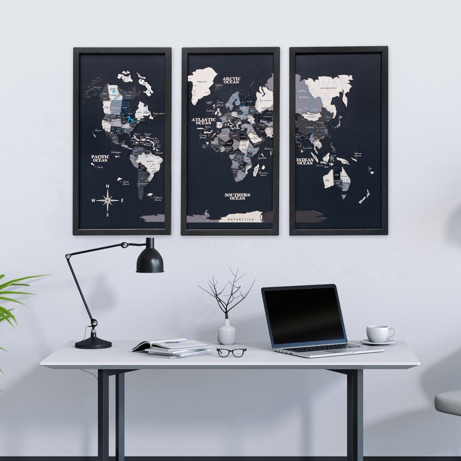 Triptych Wall Art - Wooden World Map (nordik)