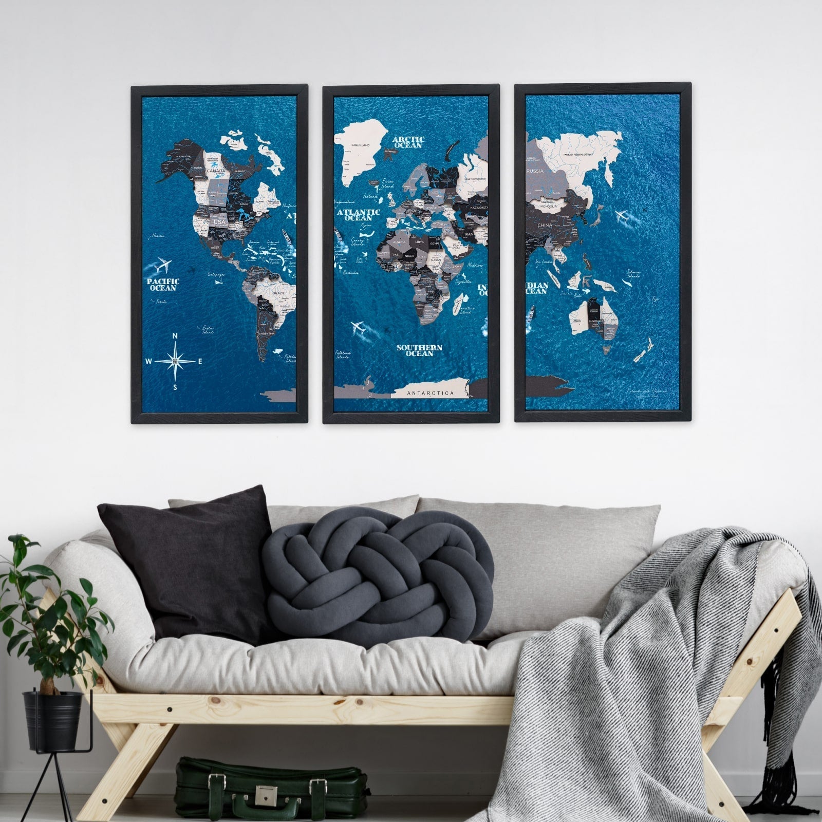 Triptych Wall Art - Wooden World Map (nordik)