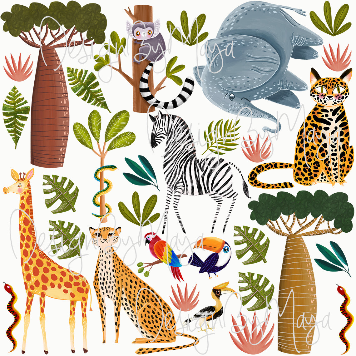 Jungle Animals Tropical Theme - Fabric Nursery Wall Art Decals
