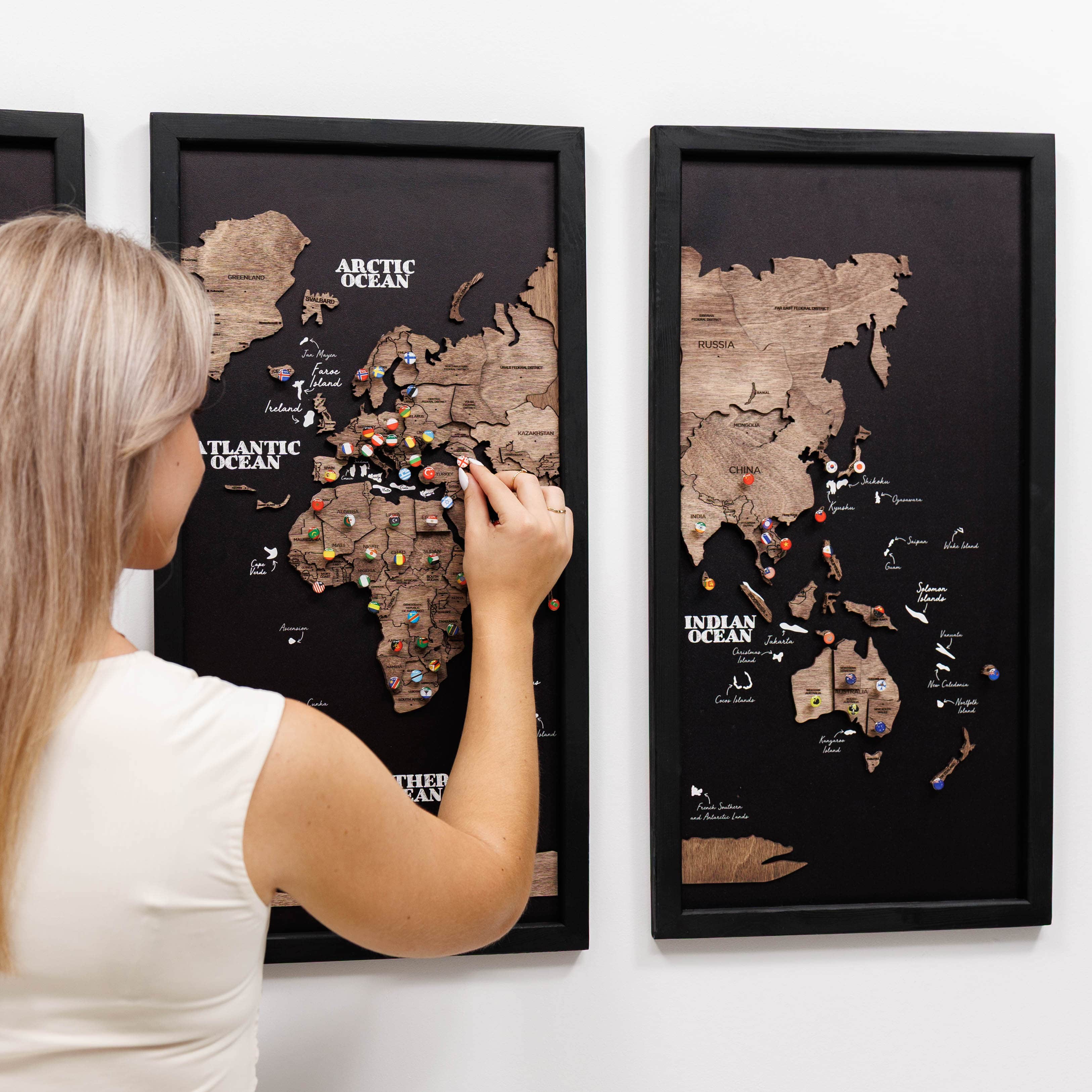 Triptych Wall Art - Wooden World Map (dark Walnut)