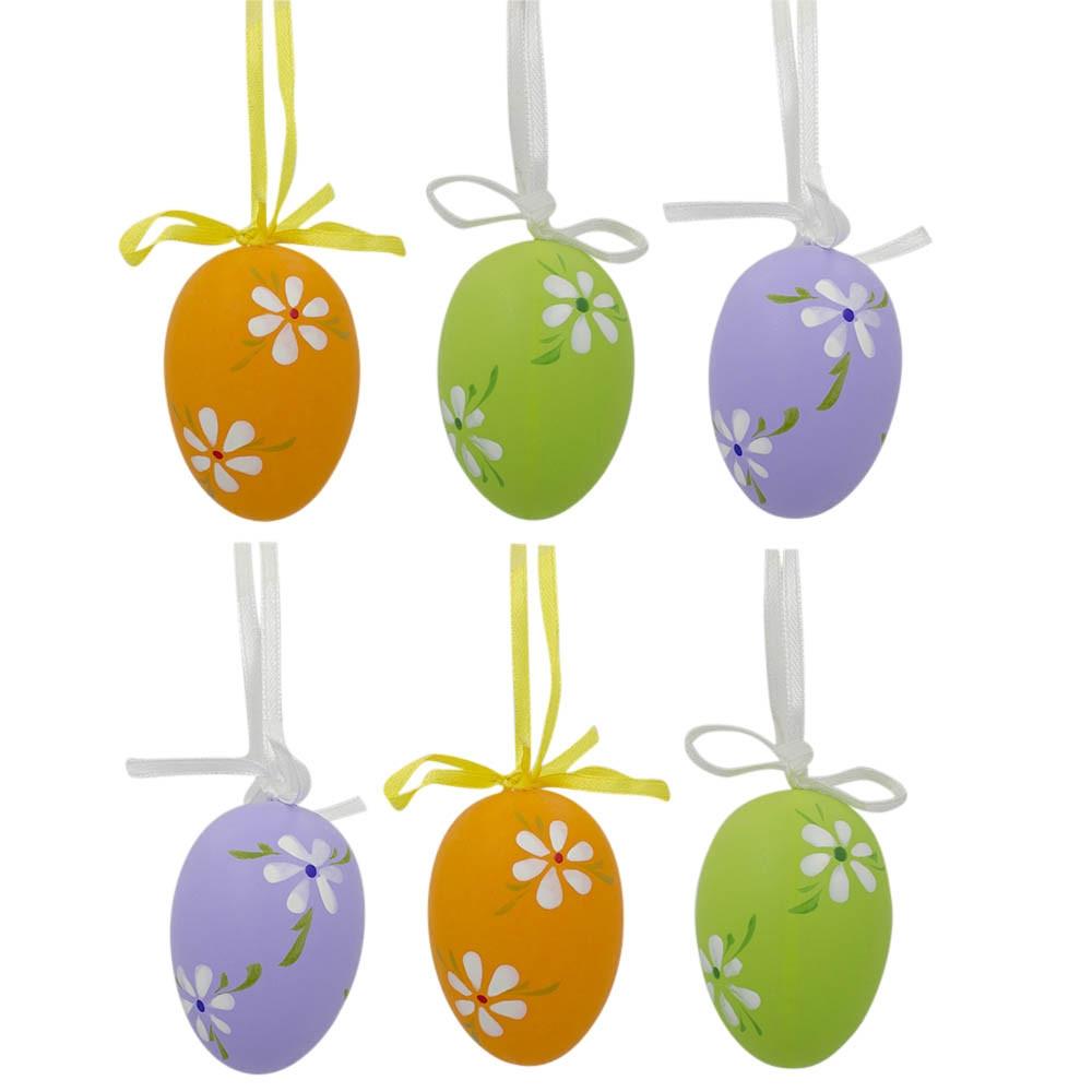 Set Of 6 Green, Purple, Orange Flowers Plastic Easter Egg Ornaments 2.25 Inches