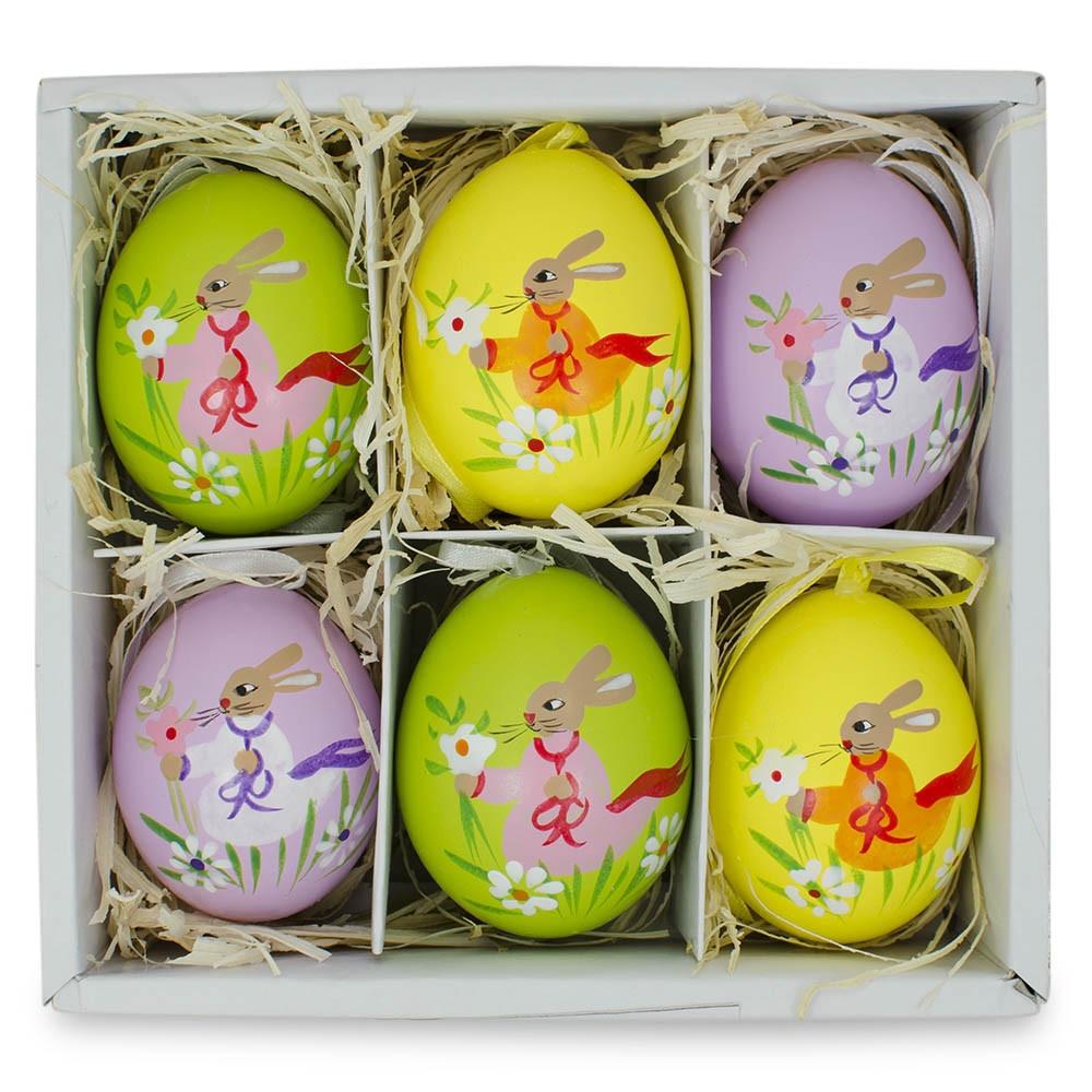 Set Of 6 Real Eggshell Bunny And Flowers Pysanky Easter Egg Ornaments 2.5 Inches