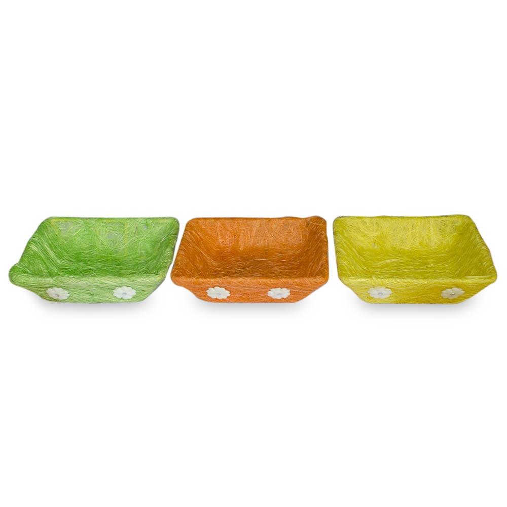 Set Of 3 Green, Orange & Yellow Sisal Silk Trays 7 Inches