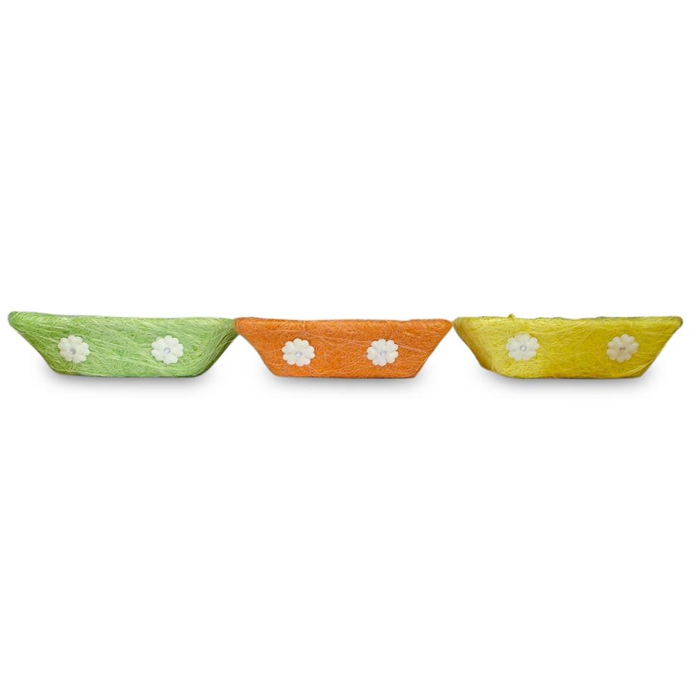 Set Of 3 Green, Orange & Yellow Sisal Silk Trays 7 Inches