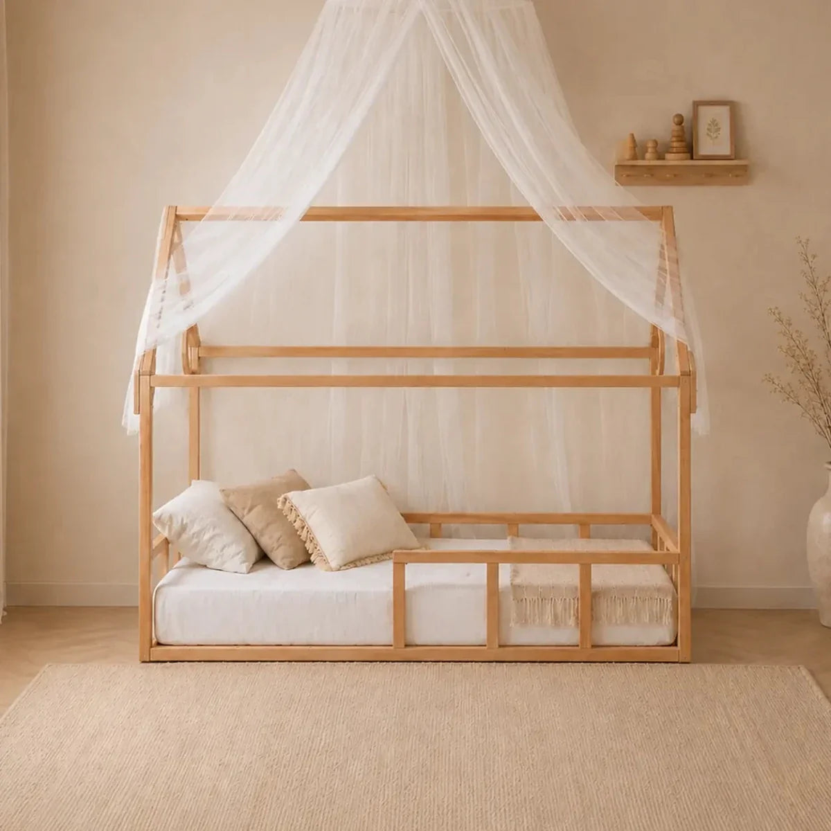 Twin Size Montessori House Bed For Kids With Fence