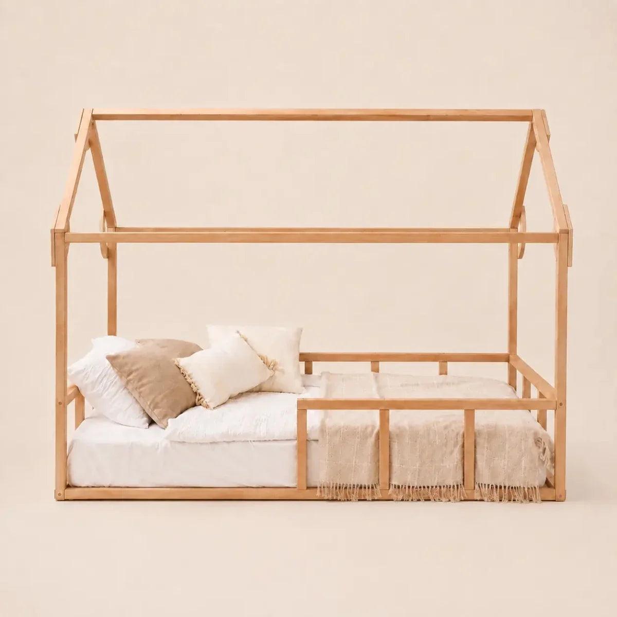 Twin Size Montessori House Bed For Kids With Fence