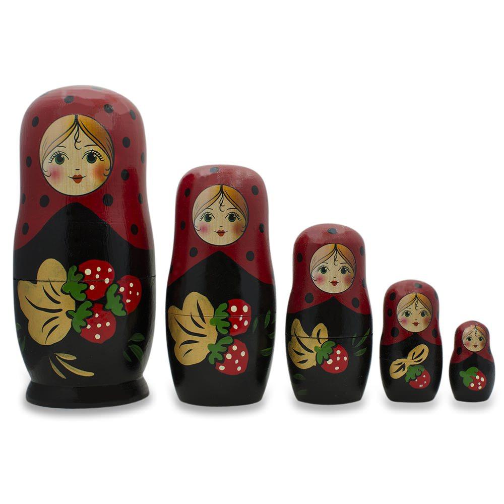 Set Of 5 Red Strawberries On Black Nesting Dolls 6.5 Inches