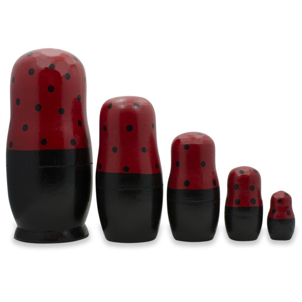 Set Of 5 Red Strawberries On Black Nesting Dolls 6.5 Inches