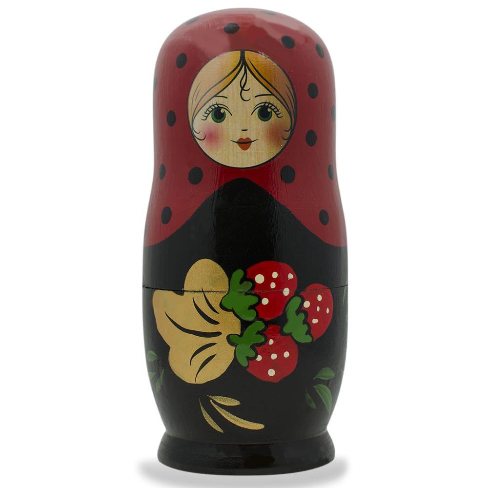 Set Of 5 Red Strawberries On Black Nesting Dolls 6.5 Inches