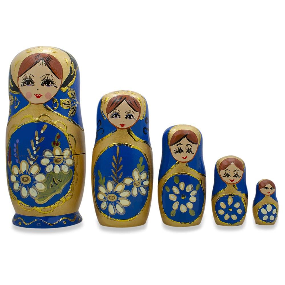 Set Of 5 White Flowers On Blue Nesting Dolls 6.5 Inches